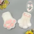 Fluffy white and pink cat paw gloves cosplay costume set with cute ribbon bow for anime fans - Beast Claw / White Pink