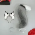 Set d'oreilles et queue de renard en peluche accessoires de cosplay pour fete d'Halloween - Ensemble de Costume (Style Boucle d'Oreille) / Gris Blanc