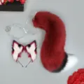 Ensemble de cosplay serre-tête oreilles de renard et queue en fausse fourrure douce. - Ensemble de Costume (Style Boucle d'Oreille) / Rouge Vin et Blanc