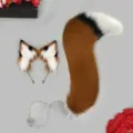 Set de cosplay d'oreilles et queue de renard en fausse fourrure pour Halloween fetes. - Ensemble de Costume (Style Boucle d'Oreille) / Chameau Foncé et Blanc