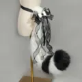 Black and white plush fox tail with black bow and ribbons for cosplay and lolita style. - Beast Tail / White Black