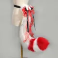 Handmade plush cosplay fox tail with red ribbons and waist strap for anime costume party. - Beast Tail / White Red