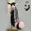 Black and pink cosplay fox tail and cat ears set, fluffy furry animal costume accessories. - Beast Tail / Black Pink