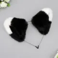 Black and white fluffy cat fox ears headband for cosplay parties, cute plush hair accessory. - Meow Folded Ear-Black White