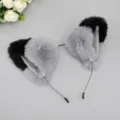 Fluffy faux fur animal ears headband, grey and black cosplay costume hair accessory. - Meow Folded Ear-Grey Black