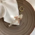 Barrette à cheveux en cristal avec nœud beige sur une assiette marron texturée. - Pince Bec de Canard Cristal Abricot / Abricot