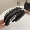 Elegant black ruffled headband with sparkling rhinestone leaf design for stylish women - Double Layer-Wheat Ear Style
