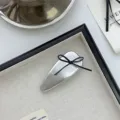 Chic silver faux leather hair clip with a delicate black bow for elegant styling - Black Thread Bow Hair Clip / Silver