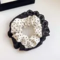 Elegant black and white polka dot hair scrunchie with delicate black lace trim - Cream Polka Dot Black Edge Scrunchie