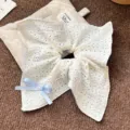 Elegant French style white lace square scrunchie hair tie with light blue bow and pearl - White Mesh Lace Square Scarf
