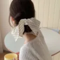 Elegant Korean style white polka dot bow scrunchie hair tie accessory for women - White Black Dot Bow Streamer Style