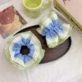 Sweet Korean style gingham checkered hair scrunchie with white floral lace eyelet trim - Green White Gingham Lace Edge Scrunchie
