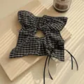 Stylish black and white checkered square scarf hair tie with delicate black ribbon bow detail - Black Grid Ribbon