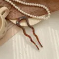 Elegant tortoiseshell acetate U-shaped hair fork for bun styling with rhinestone - Wavy U-Shape Style / Blue Coffee