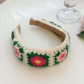 Serre-tête large en tissu fait main au crochet avec motifs floraux de style ethnique - Serre-tête Brodé Tournesol / Rose rouge