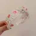 Serre-tête large en tissu brodé de fleurs style ethnique avec motifs de roses élégants - Style Brodé Noué / Rose