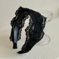 Serre-tête large élégant en dentelle noire brodée de fleurs pour femmes de style ethnique - Style Broderie Florale Noire / Noir