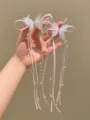 Pinces à cheveux papillon rose avec de longs glands en ruban et perles irisées - Papillon Perlé Ruban - Rose (26#)