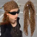 Glossy leopard print silk headscarf in golden brown for American retro style. - Dark Leopard Headscarf (6#)
