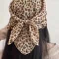 Elegant leopard print silk headscarf accessory shown from behind on long black hair - Light Leopard Headscarf (7#)