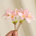 Elegant pink lily flower hairpins with gold-tone metal base - Fresh Floral Hair Fork (2#) / 2Pcs/Set / Pink