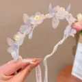 Diadema floral de ensueño con alas de mariposa y perlas para niñas. - Diadema de guirnalda de flores de mariposa hada / Blanco Roto