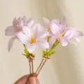 Elegant purple flower hair pins with realistic water drops for traditional Hanfu styling. - Fresh Floral Hair Fork (3#) / 2Pcs/Set / Purple
