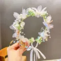 Elegant girl's floral wreath headband featuring white mesh flowers and long ribbon bow - Green Pearl Flower Ribbon Headband (14#) / Fruit Green