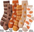Soft coral fleece mid-calf floor socks with heart and stripe patterns in warm colors - One Size / Brown Stripe