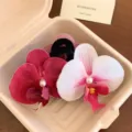 Handmade orchid flower hair clips with pearl accents in fuchsia and white tones - Phalaenopsis Hair Claw / Red White