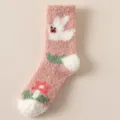Weiche rosa Korallenvlies-Wintersocken für Damen mit Cartoon-Hasen- und Blumenmuster - Rosa und Weißer Hase (1)