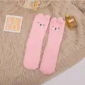 Soft pink coral fleece floor socks with cute 3D bear ears and cartoon face design - One Size / Pink