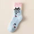 Warme hellblaue Korallenvlies-Socken mit süßem Katzen- und Fischmuster für den Winter - Einheitsgröße / Hellblaue Katze (Nr. 2)