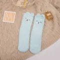 Light blue fuzzy coral fleece floor socks with cute 3D animal ears and bear embroidery - One Size / Light Blue