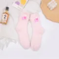 Soft pink fuzzy coral fleece mid-calf socks with cute heart patch for winter warmth - One Size / Light Pink (No. 4) / Light Pink