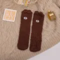 Cozy brown coral fleece warm floor socks with cute 3D cartoon bear ears for winter - One Size / Coffee