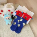 Acogedores calcetines de payaso en forro polar coral azul y rojo con flores para invierno - Talla única / Azul Marino