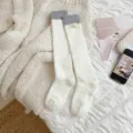 Soft white and grey coral fleece over-the-knee socks with cute bear tag for winter - One Size / White