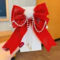 Red velvet bow hair clip with pearl tassel and white fur pom-pom for Lunar New Year - Furball Pearl Chain Bow Style (10#) / Red
