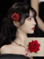 Elegant velvet red rose flower hair clip accessory for women floral hairstyle styling - Rose Hair Clip / Red