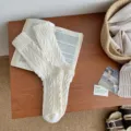 Premium cream cable knit cashmere socks for women, warm winter mid-tube hosiery - Size 34-40 / White