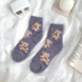 Gemütliche lila Korallenfleece-Socken mit süßen Bärenmustern für den kalten Winter - Einheitsgröße / Dunkelgrau