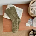 Vintage olive green thick cable-knit cashmere mid-calf socks for autumn and winter - Size 34-40 / Brown