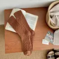Cozy coffee brown cable-knit wool socks for women, perfect for winter warmth and style - Size 34-40 / Caramel color