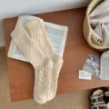 Cozy cream cable knit slouch socks for women, thick thermal winter cashmere hosiery. - Size 34-40 / Apricot
