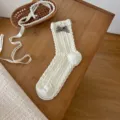 Japanese style elegant white cable knit crew sock featuring a cute plaid bow detail - One Size / Bow (White Cable Knit)
