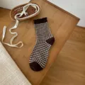 Japanese style brown gingham checkered women's socks with a ruffled lettuce hem edge - One Size / Plaid (Brown White)