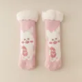 Rosa flauschige Lammwollsocken für Damen mit süßem Hasenmuster und weichem Plüschbündchen - Einheitsgröße / Glücklicher Hase
