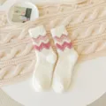 Cozy thick fuzzy coral fleece mid-tube socks with pink zigzag pattern for winter - White