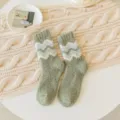 Thick green coral fleece mid-calf socks with white zigzag patterns for winter warmth - Mustard Green